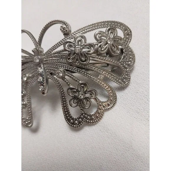 Vintage Butterfly Hair Clip Barrette French Style Silver Tone 3.75"x2.25" - Picture 3 of 10